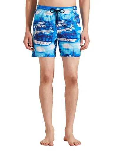 Vilebrequin Men's Paris Printed Swim Trunks - Neon Blue | Thumbnail 4 Vilebrequin Men's Paris Printed Swim Trunks - Neon Blue | Thumbnail 4