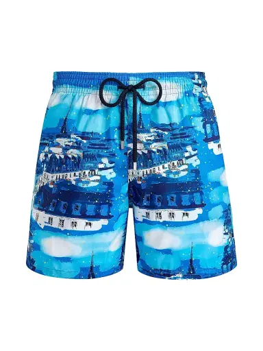 Vilebrequin Men's Paris Printed Swim Trunks - Neon Blue | Thumbnail 1 Vilebrequin Men's Paris Printed Swim Trunks - Neon Blue | Thumbnail 1