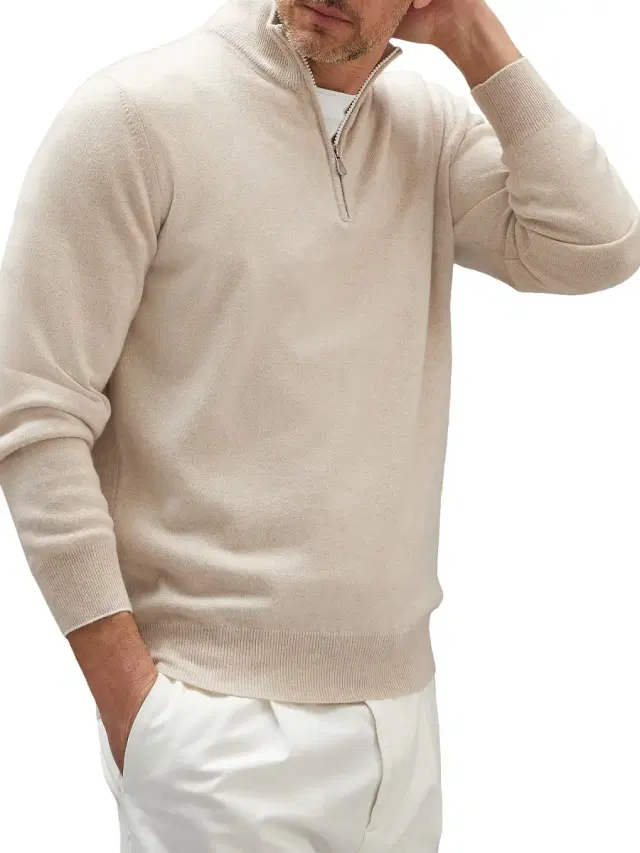 Men's Cashmere Turtleneck Sweater With Zipper - Sand