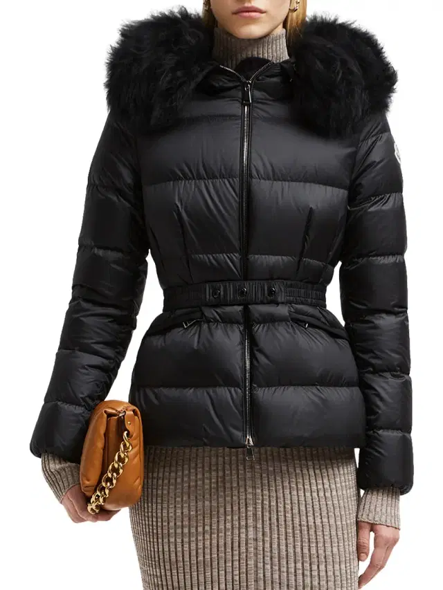 Women's Boed Belted Short Jacket with Shearling Hood Trim - Black