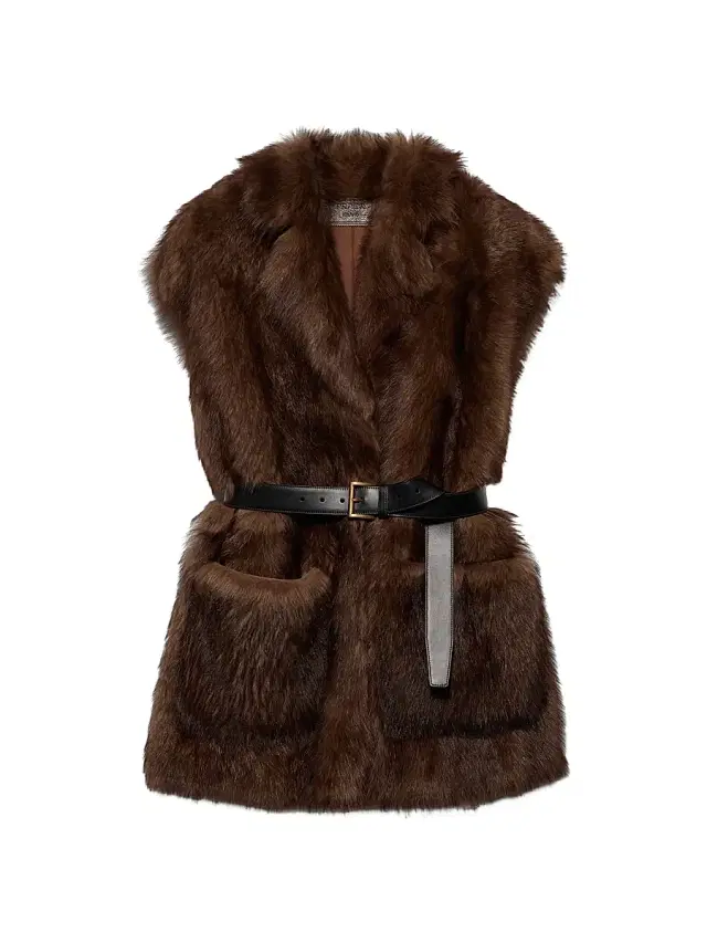 Women's Belted Shearling Vest - Brown