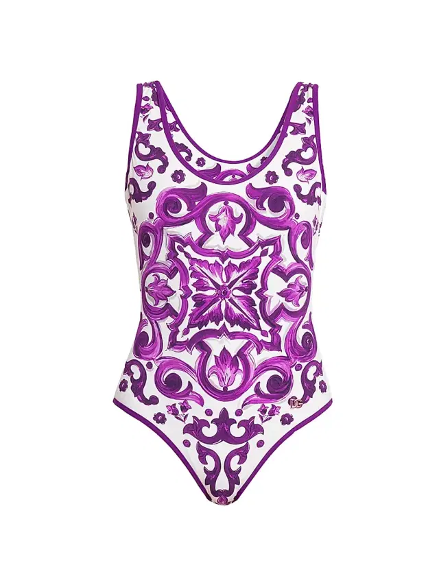 Dolce & Gabbana Women's Maiolica One-Piece Swimsuit - White Purple