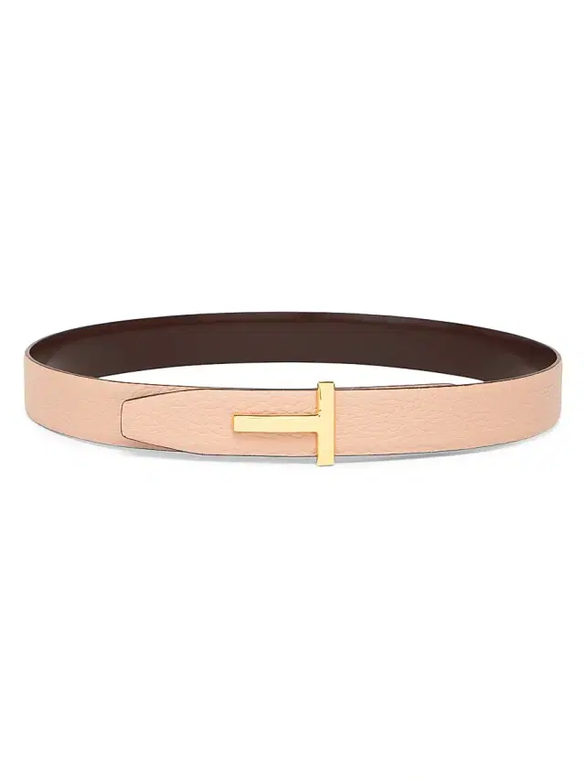 Women's T Logo Leather Reversible Belt - Light Beige