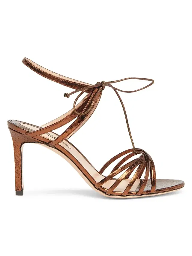 Women's 85MM Laminated Ayers Snakeskin & Leather Ankle-Wrap Sandals - Dark Bronze