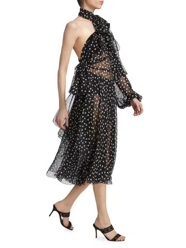 Dolce & Gabbana Women's Sheer Polka Dot Chiffon Silk One-Shoulder Midi Dress - Nero Bianco | Thumbnail 2
