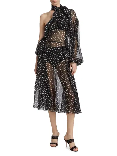 Dolce & Gabbana Women's Sheer Polka Dot Chiffon Silk One-Shoulder Midi Dress - Nero Bianco | Thumbnail 3