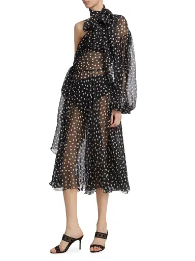 Dolce & Gabbana Women's Sheer Polka Dot Chiffon Silk One-Shoulder Midi Dress - Nero Bianco | Thumbnail 4