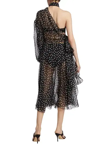 Dolce & Gabbana Women's Sheer Polka Dot Chiffon Silk One-Shoulder Midi Dress - Nero Bianco | Thumbnail 5