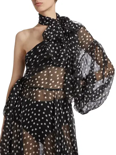 Dolce & Gabbana Women's Sheer Polka Dot Chiffon Silk One-Shoulder Midi Dress - Nero Bianco | Thumbnail 6