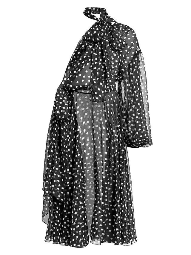 Dolce & Gabbana Women's Sheer Polka Dot Chiffon Silk One-Shoulder Midi Dress - Nero Bianco