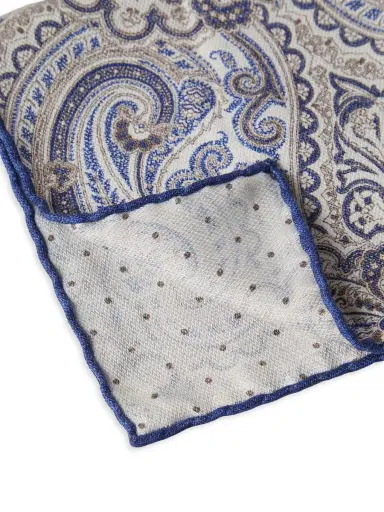 Brunello Cucinelli Men's Double Face Silk Pocket Square with Paisley Design - Sky Blue | Thumbnail 2 Brunello Cucinelli Men's Double Face Silk Pocket Square with Paisley Design - Sky Blue | Thumbnail 2