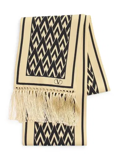 Valentino Garavani Men's Toute La V Bandeau Scarf in Silk with Fringes - Black | Thumbnail 2