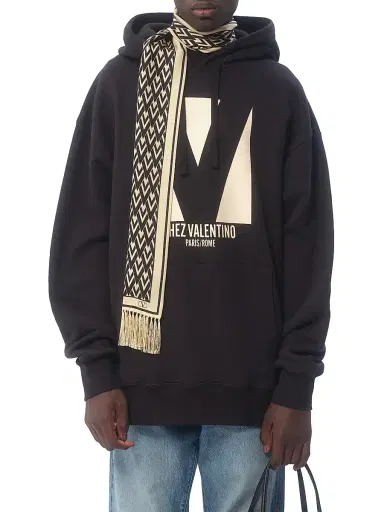 Valentino Garavani Men's Toute La V Bandeau Scarf in Silk with Fringes - Black | Thumbnail 1