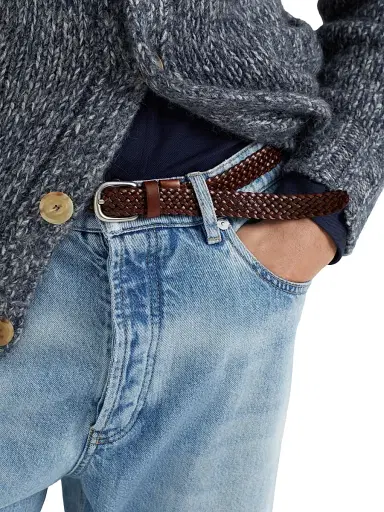 Brunello Cucinelli Men's Scratched Braided Calfskin Belt - Tobacco | Thumbnail 4 Brunello Cucinelli Men's Scratched Braided Calfskin Belt - Tobacco | Thumbnail 4