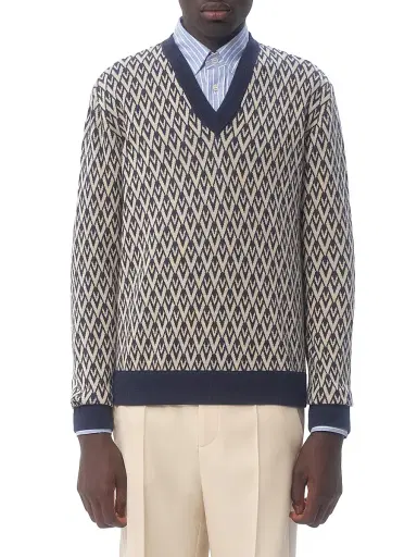Valentino Garavani Men's Wool Sweater with Toute La V Jacquard Pattern | Thumbnail 2 Valentino Garavani Men's Wool Sweater with Toute La V Jacquard Pattern | Thumbnail 2