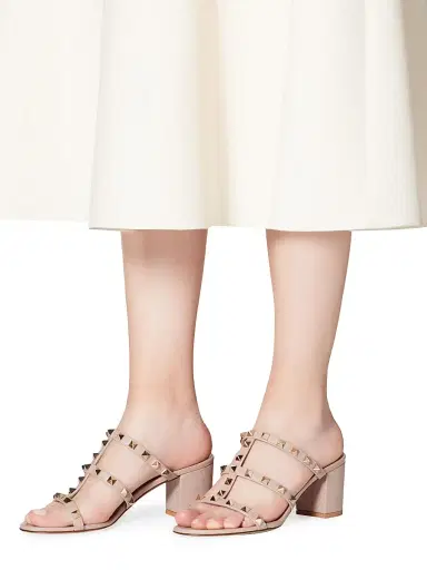 Valentino Garavani Women's Rockstud Calfskin Leather Slide Sandals 60MM - Poudre - Size 4.5 | Thumbnail 6