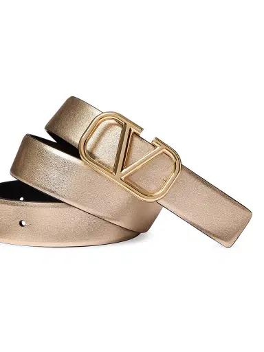 Valentino Garavani Women's VLogo Signature Reversible Belt in Metallic and Shiny Calfskin 30MM - Gold Black | Thumbnail 2