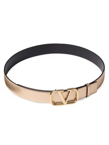 Valentino Garavani Women's VLogo Signature Reversible Belt in Metallic and Shiny Calfskin 30MM - Gold Black | Thumbnail 4