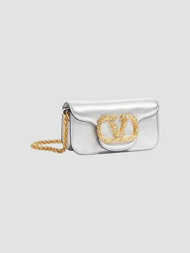 Valentino Garavani Women's Locò Small Shoulder Bag in Laminated Calfskin - Silver | Thumbnail 2 Valentino Garavani Women's Locò Small Shoulder Bag in Laminated Calfskin - Silver | Thumbnail 2
