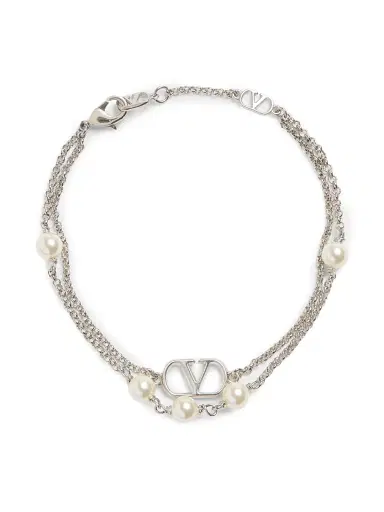 Valentino Garavani Women's VLogo Signature Metal Bracelet with Swarovski Pearls - Palladium | Thumbnail 1