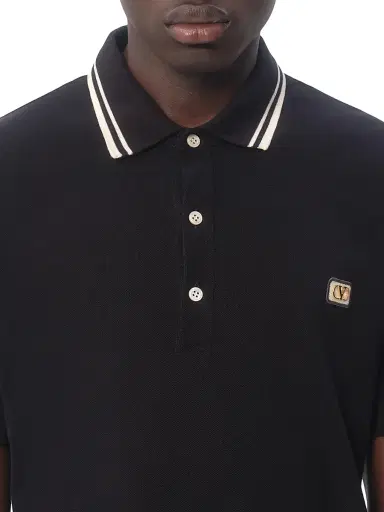 Valentino Garavani Men's Cotton Piqué Polo Shirt with VLogo Patch - Black - Size XS | Thumbnail 6