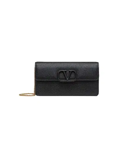 Valentino Garavani Women's VLogo Signature Grainy Calfskin Wallet with Chain - Black | Thumbnail 1