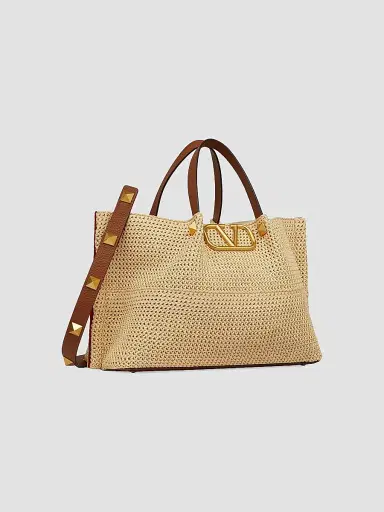 Valentino Garavani Women's Medium Straw Summer Tote Bag - Saddle Brown Natural | Thumbnail 3