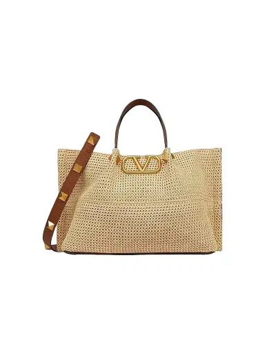 Valentino Garavani Women's Medium Straw Summer Tote Bag - Saddle Brown Natural | Thumbnail 1