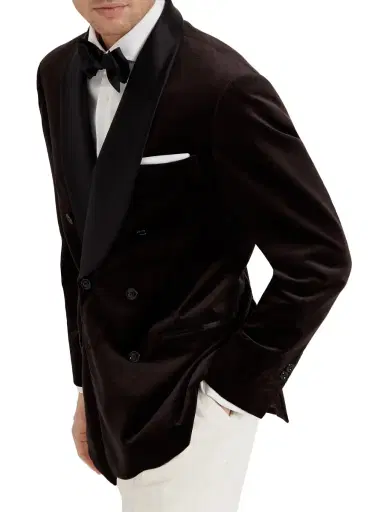Brunello Cucinelli Men's One and a Half Breasted Tuxedo Jacket with Shawl Lapels - Rust Brown | Thumbnail 2 Brunello Cucinelli Men's One and a Half Breasted Tuxedo Jacket with Shawl Lapels - Rust Brown | Thumbnail 2
