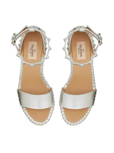 Valentino Garavani Women's Rockstud Double Wedge Sandals in Metallic Nappa Leather 95 mm - Silver | Thumbnail 4 Valentino Garavani Women's Rockstud Double Wedge Sandals in Metallic Nappa Leather 95 mm - Silver | Thumbnail 4