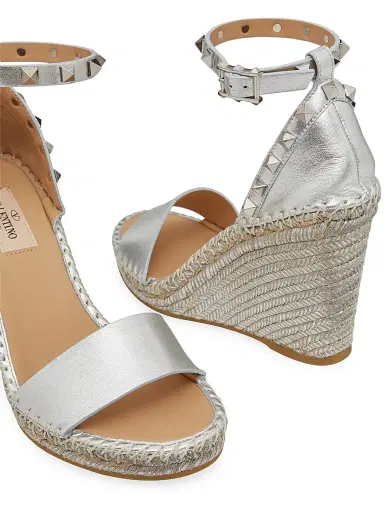 Valentino Garavani Women's Rockstud Double Wedge Sandals in Metallic Nappa Leather 95 mm - Silver | Thumbnail 5 Valentino Garavani Women's Rockstud Double Wedge Sandals in Metallic Nappa Leather 95 mm - Silver | Thumbnail 5
