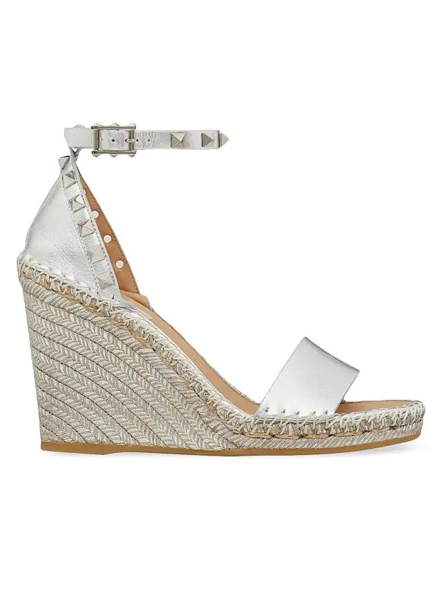 Women's Rockstud Double Wedge Sandals in Metallic Nappa Leather 95 mm - Silver Women's Rockstud Double Wedge Sandals in Metallic Nappa Leather 95 mm - Silver