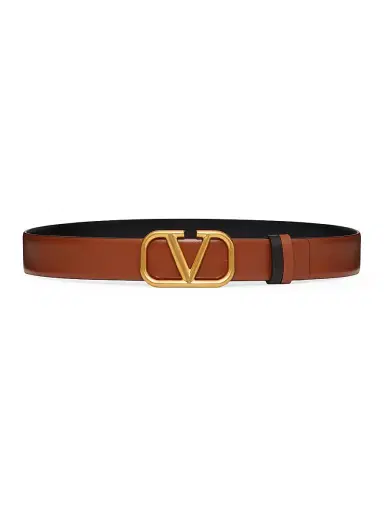 Valentino Garavani Women's Reversible VLogo Signature Belt in Glossy Calfskin 30MM - Saddle Brown Black | Thumbnail 1 Valentino Garavani Women's Reversible VLogo Signature Belt in Glossy Calfskin 30MM - Saddle Brown Black | Thumbnail 1