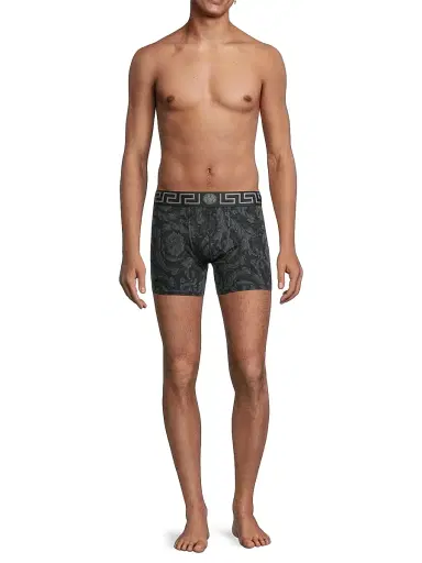 Versace Men's Barocco-Print Cotton-Stretch Boxer Briefs - Black Grey - Size Small | Thumbnail 2