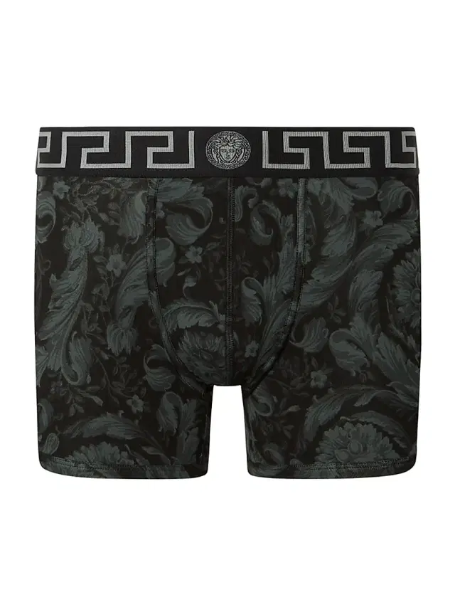 Men's Barocco-Print Cotton-Stretch Boxer Briefs - Black Grey