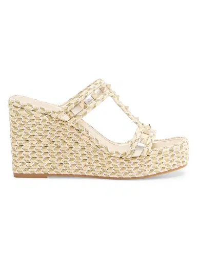 Valentino Garavani Women's Rockstud Laminated Nappa Wedge Sandals 90MM - Platinum | Thumbnail 1 Valentino Garavani Women's Rockstud Laminated Nappa Wedge Sandals 90MM - Platinum | Thumbnail 1