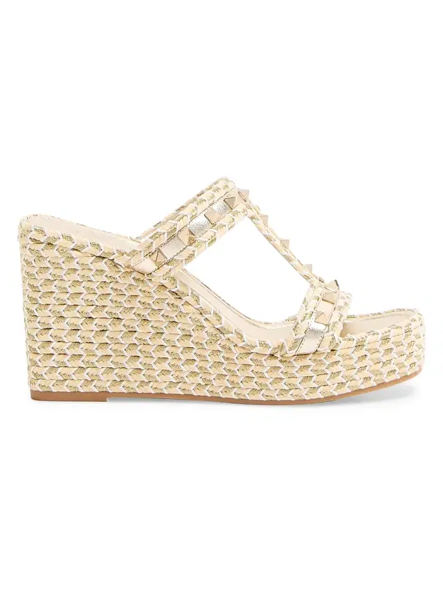 Women's Rockstud Laminated Nappa Wedge Sandals 90MM - Platinum