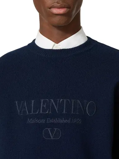 Valentino Garavani Men's Crewneck Wool Sweater with Embroidery - Navy | Thumbnail 4 Valentino Garavani Men's Crewneck Wool Sweater with Embroidery - Navy | Thumbnail 4