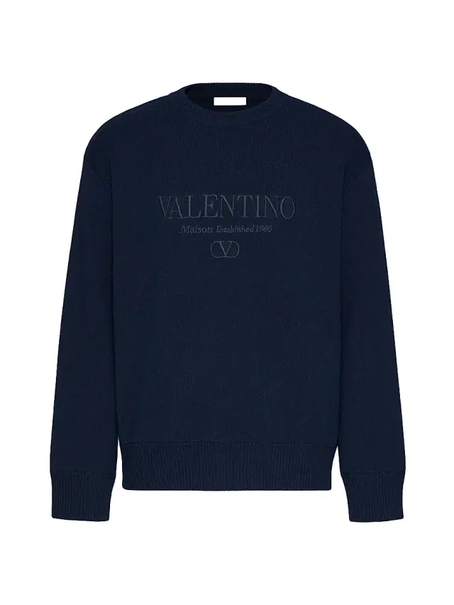 Men's Crewneck Wool Sweater with Embroidery - Navy