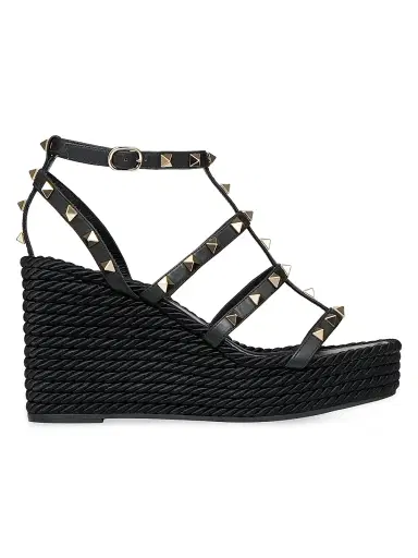 Valentino Garavani Women's Rockstud Wedge Sandals With Calfskin Straps 95MM - Black - Size 4 | Thumbnail 1 Valentino Garavani Women's Rockstud Wedge Sandals With Calfskin Straps 95MM - Black - Size 4 | Thumbnail 1