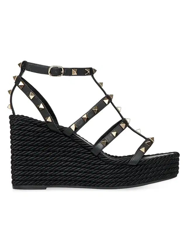 Valentino Garavani Women's Rockstud Wedge Sandals With Calfskin Straps 95MM - Black