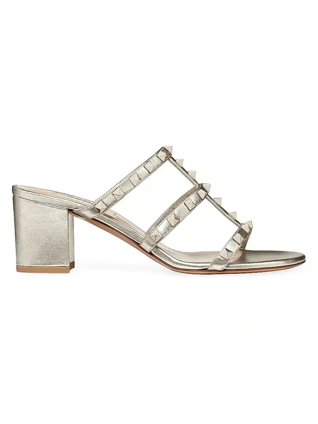 Valentino Garavani Women's Rockstud Calfskin Leather Slide Sandals 60MM - Silver