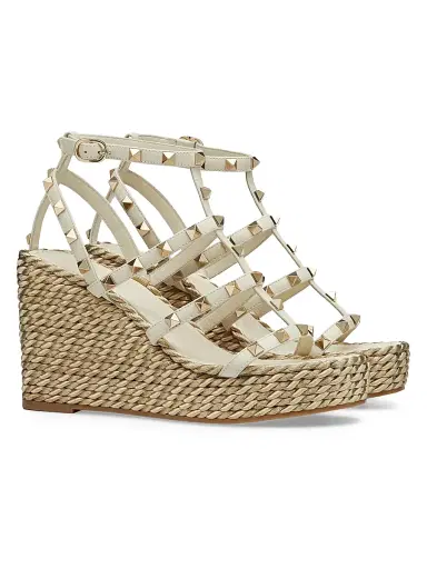 Valentino Garavani Women's Rockstud Wedge Sandals With Calfskin Straps 95MM - Light Ivory - Size 4 | Thumbnail 2 Valentino Garavani Women's Rockstud Wedge Sandals With Calfskin Straps 95MM - Light Ivory - Size 4 | Thumbnail 2