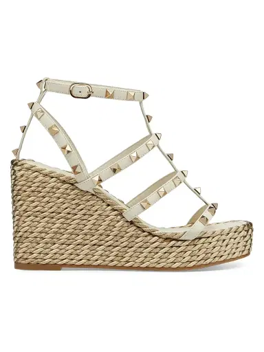 Valentino Garavani Women's Rockstud Wedge Sandals With Calfskin Straps 95MM - Light Ivory - Size 4 | Thumbnail 1 Valentino Garavani Women's Rockstud Wedge Sandals With Calfskin Straps 95MM - Light Ivory - Size 4 | Thumbnail 1