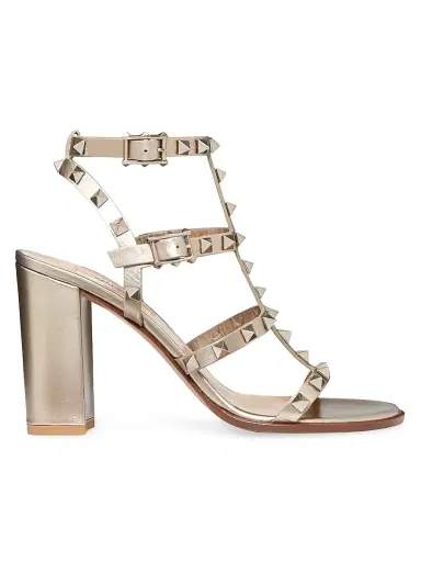 Valentino Garavani Women's Rockstud Metallic 90MM Calfskin Leather Ankle Strap Sandals - Skin | Thumbnail 1 Valentino Garavani Women's Rockstud Metallic 90MM Calfskin Leather Ankle Strap Sandals - Skin | Thumbnail 1