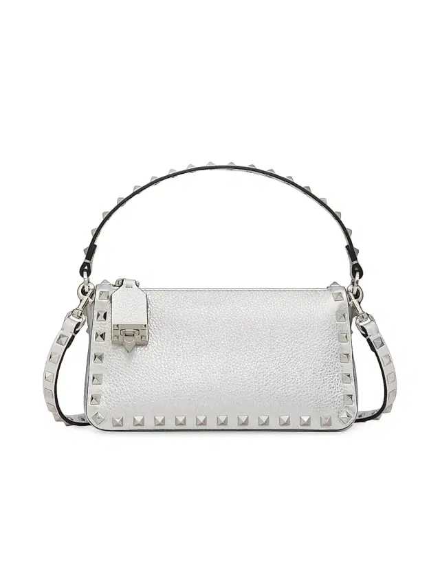Women's Rockstud Grainy Metallic Calfskin Crossbody Bag - Silver