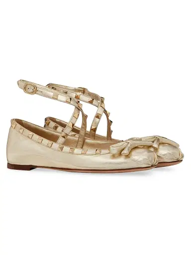 Valentino Garavani Women's Rockstud Laminated Nappa Leather Ballerina Flats - Platinum | Thumbnail 2