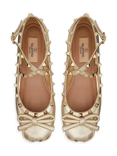 Valentino Garavani Women's Rockstud Laminated Nappa Leather Ballerina Flats - Platinum | Thumbnail 4