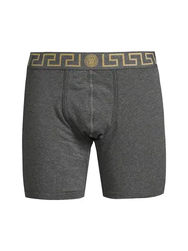 Versace Men's Greca Waistband Jersey Trunks - Grey Gold - Size XL | Thumbnail 1 Versace Men's Greca Waistband Jersey Trunks - Grey Gold - Size XL | Thumbnail 1