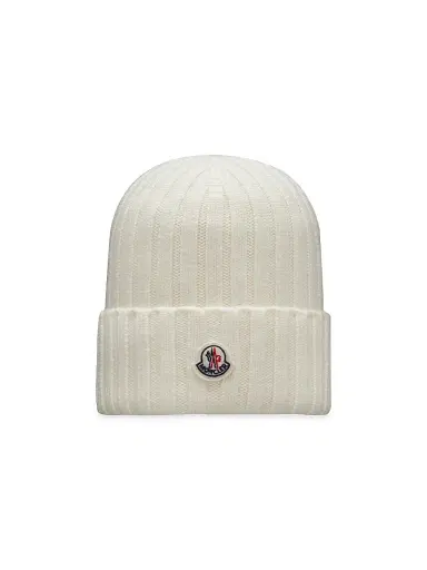 Moncler Women's Wool Ribbed Knit Logo Beanie | Thumbnail 1 Moncler Women's Wool Ribbed Knit Logo Beanie | Thumbnail 1